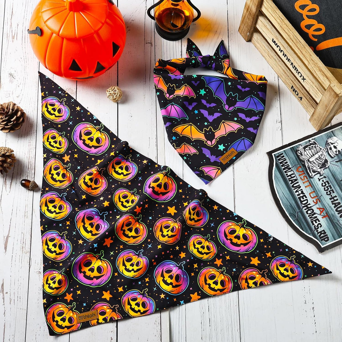 Halloween Dog Bandanas - 2 Pack Reversible Pumpkin and Bat Pet Scarf for Boys and Girls | Fall Dog Bibs | Premium Durabl