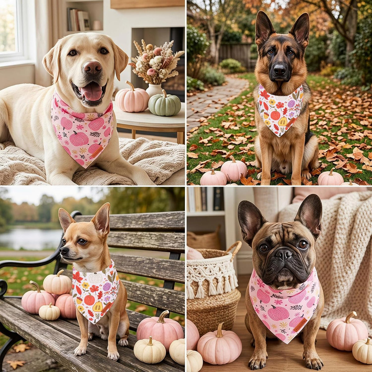 PTDECOR Pink Fall Dog Bandanas, Floral Pumpkin Fall Pet Scarf, Large