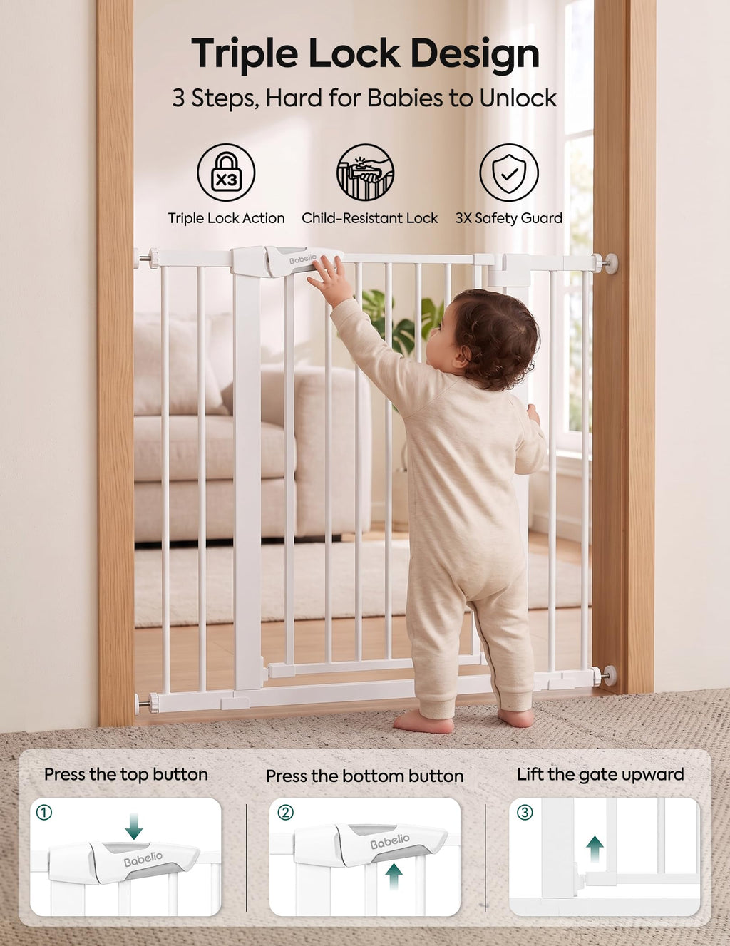 Babelio 26-40" Pressure Mounted Baby Gate for Stairs, PressGuard Dog Gate