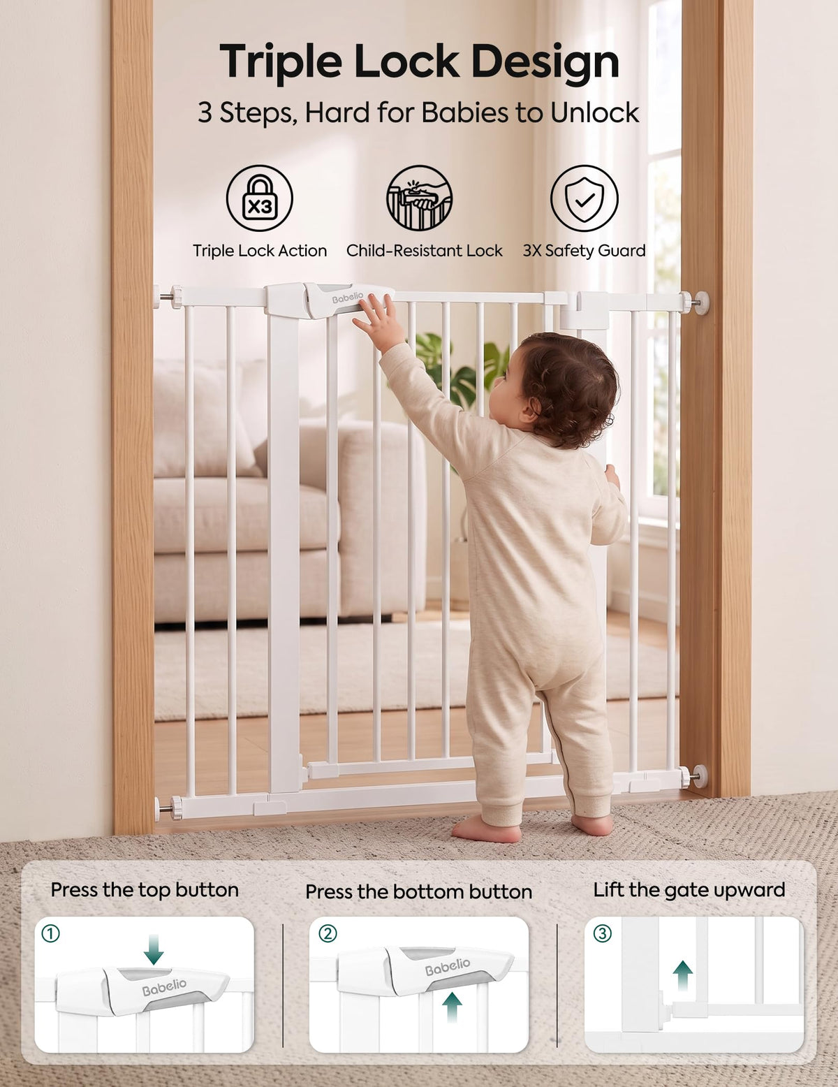 Babelio 26-40" Pressure Mounted Baby Gate for Stairs, PressGuard Dog Gate