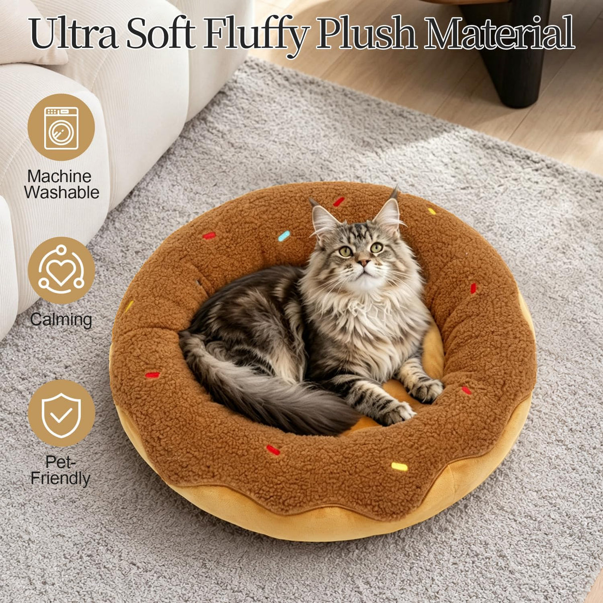 Donut Calming Cat Bed for Indoor Cats, Washable Pet Bed, 21in