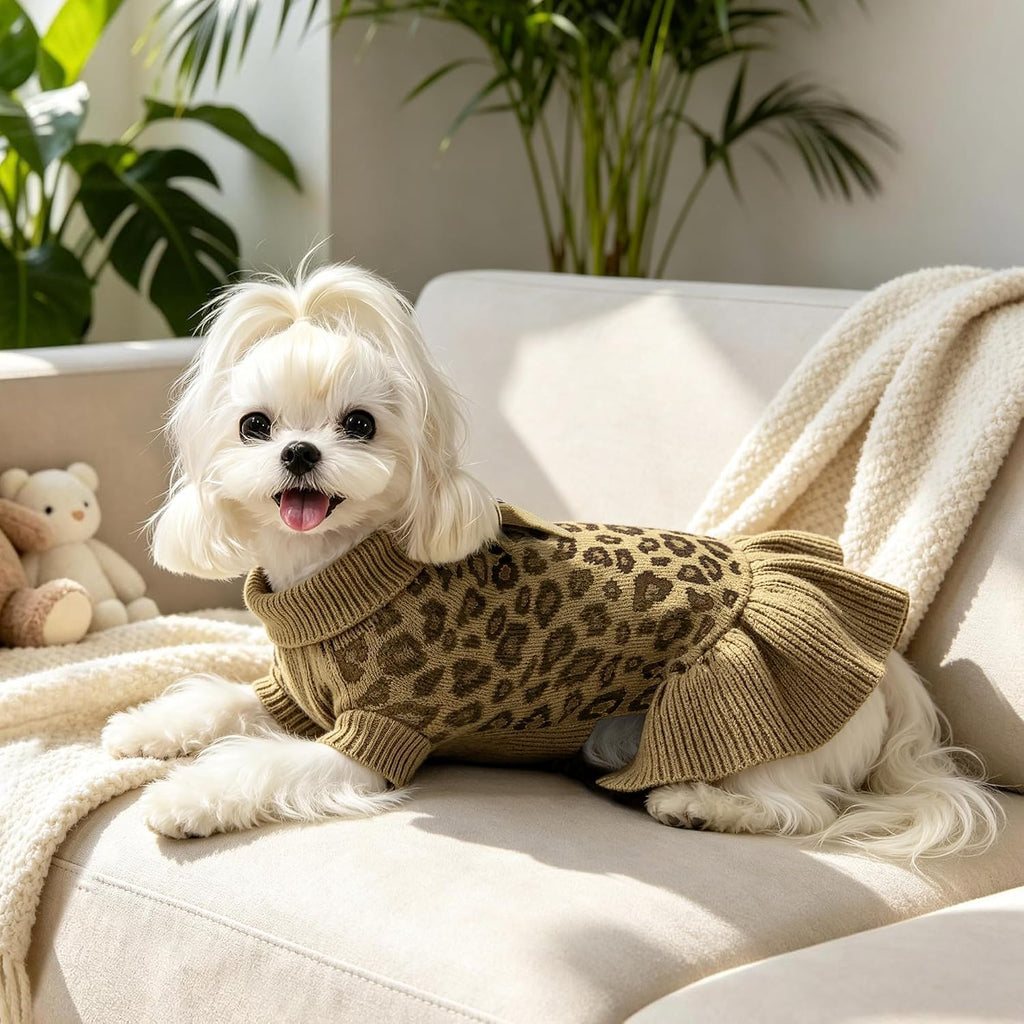 WOYYHO Small Dog Sweater Dress with Bowtie, Knitted Leopard Pet Dog Clothes