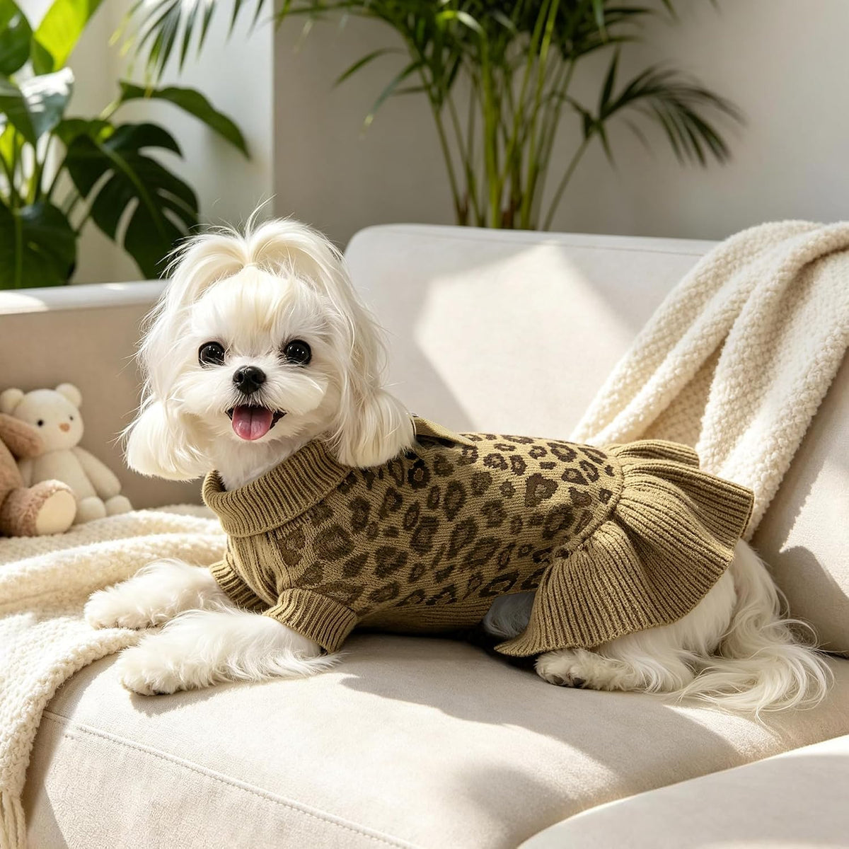 WOYYHO Small Dog Sweater Dress with Bowtie, Knitted Leopard Pet Dog Clothes