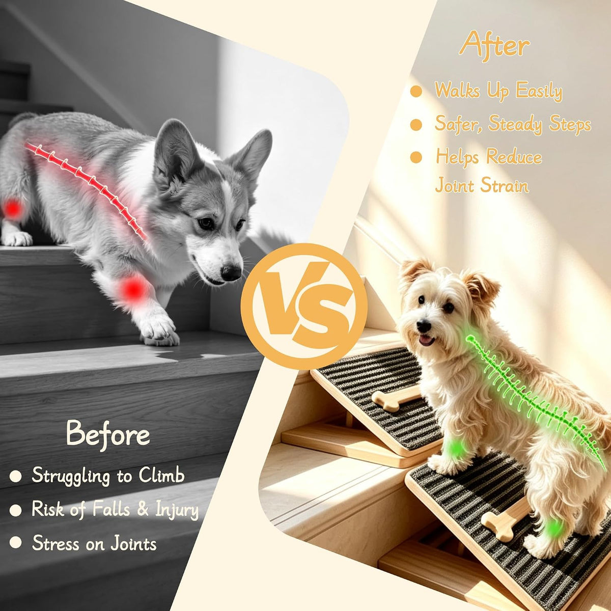 Dog Ramp for Stairs, Foldable Stair Wedges Assist for Small Dogs, 2 Pack