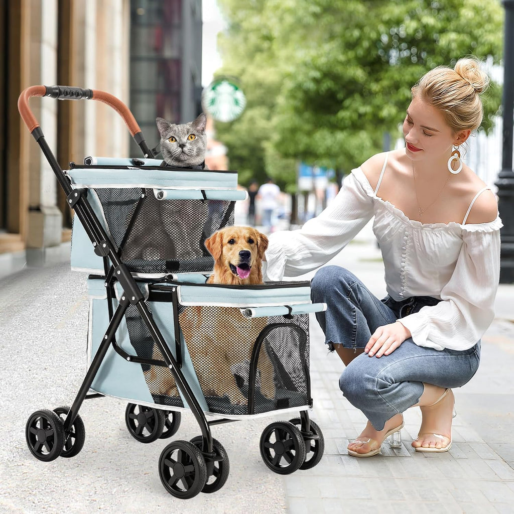 Double Pet Stroller for 2 Dogs & Cats, Double-Decker, Blue