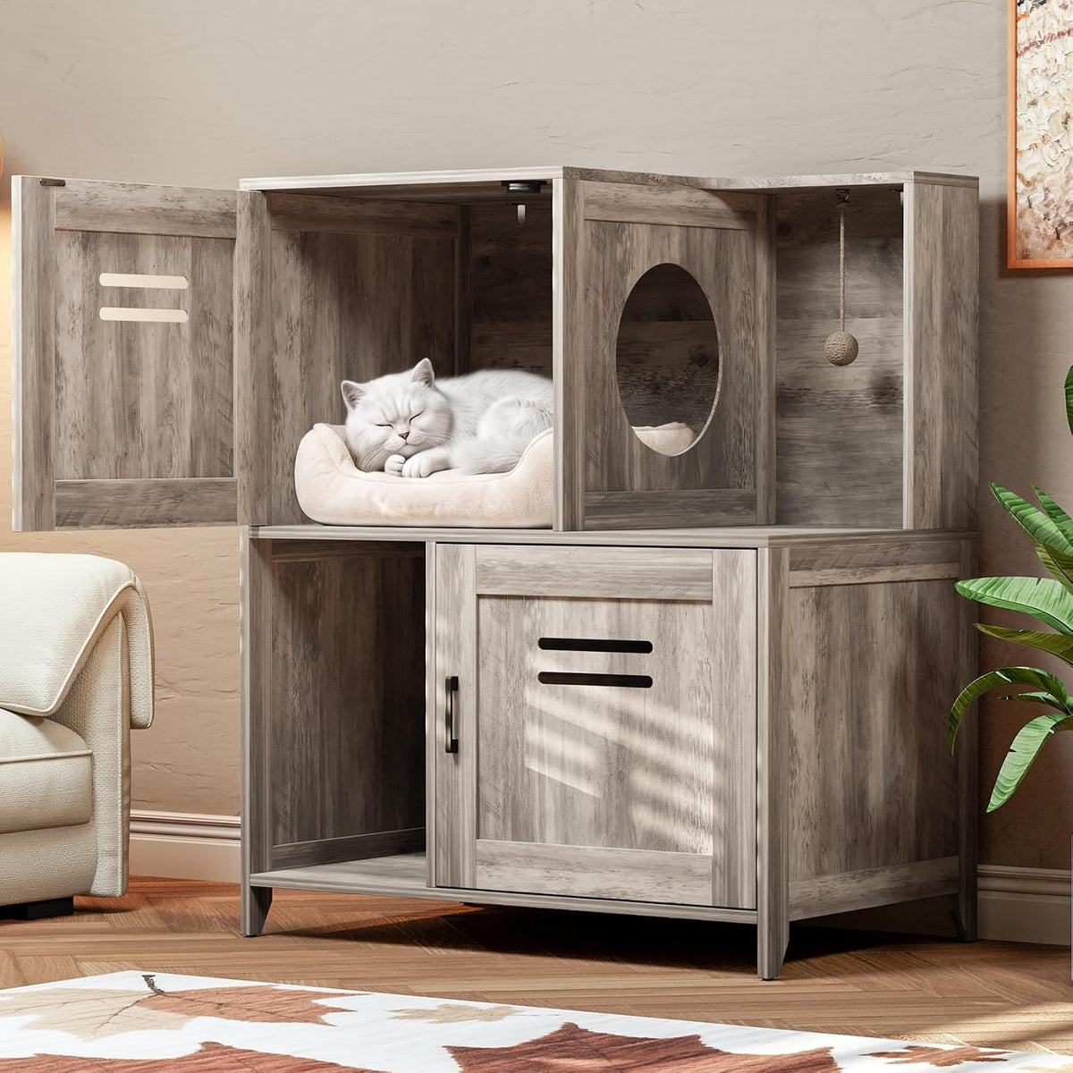 Wooden Cat Litter Box Enclosure Furniture, Double‑Tier Hidden Cat Litter Cabinet with Sisal Hanging Ball & Ventilation H