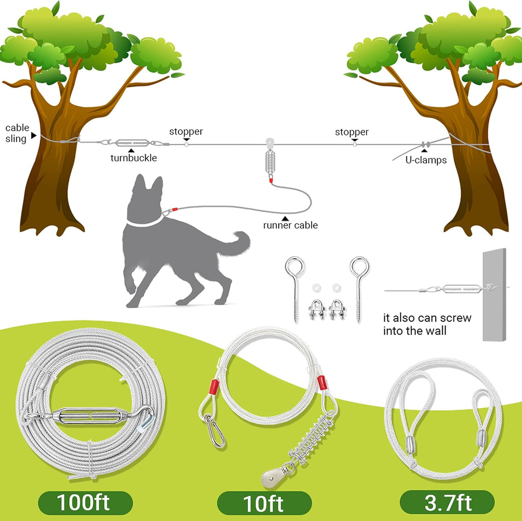 PAWNISAW Dog Runner Cable for Yard, 100 FT+10 FT Dog Tie Out Trolley System