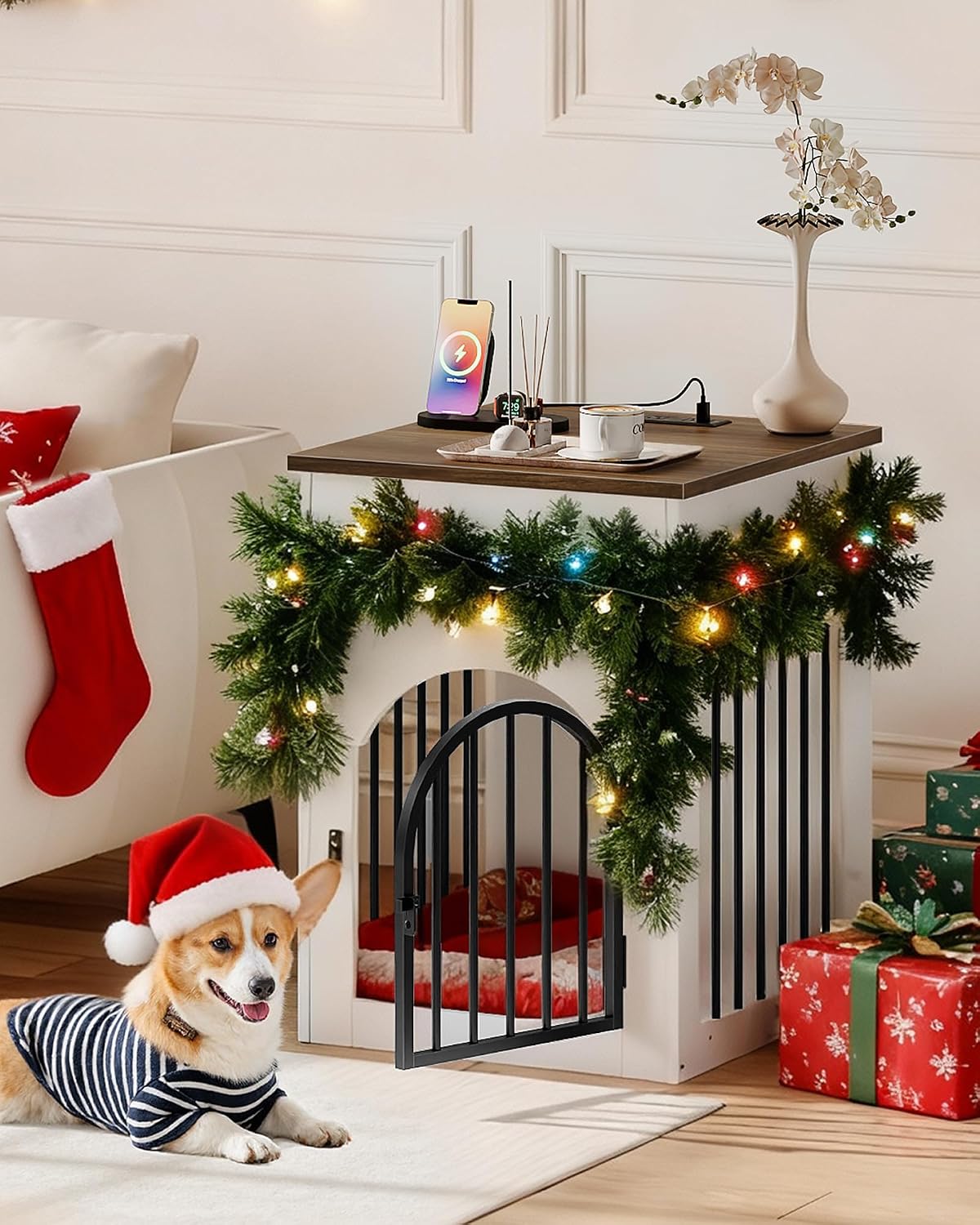 CHOEZON Dog Crate Furniture, Wooden Dog Kennel with Charging Station and Storage Drawer, Indoor Pet Crate End Table for 