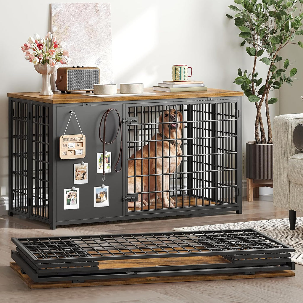 YATINEY Foldable Dog Crate Furniture, Dog Crate with DIY Frame, Heavy Duty Dog Kennel Indoor with Hooks, Wooden Dog Cage