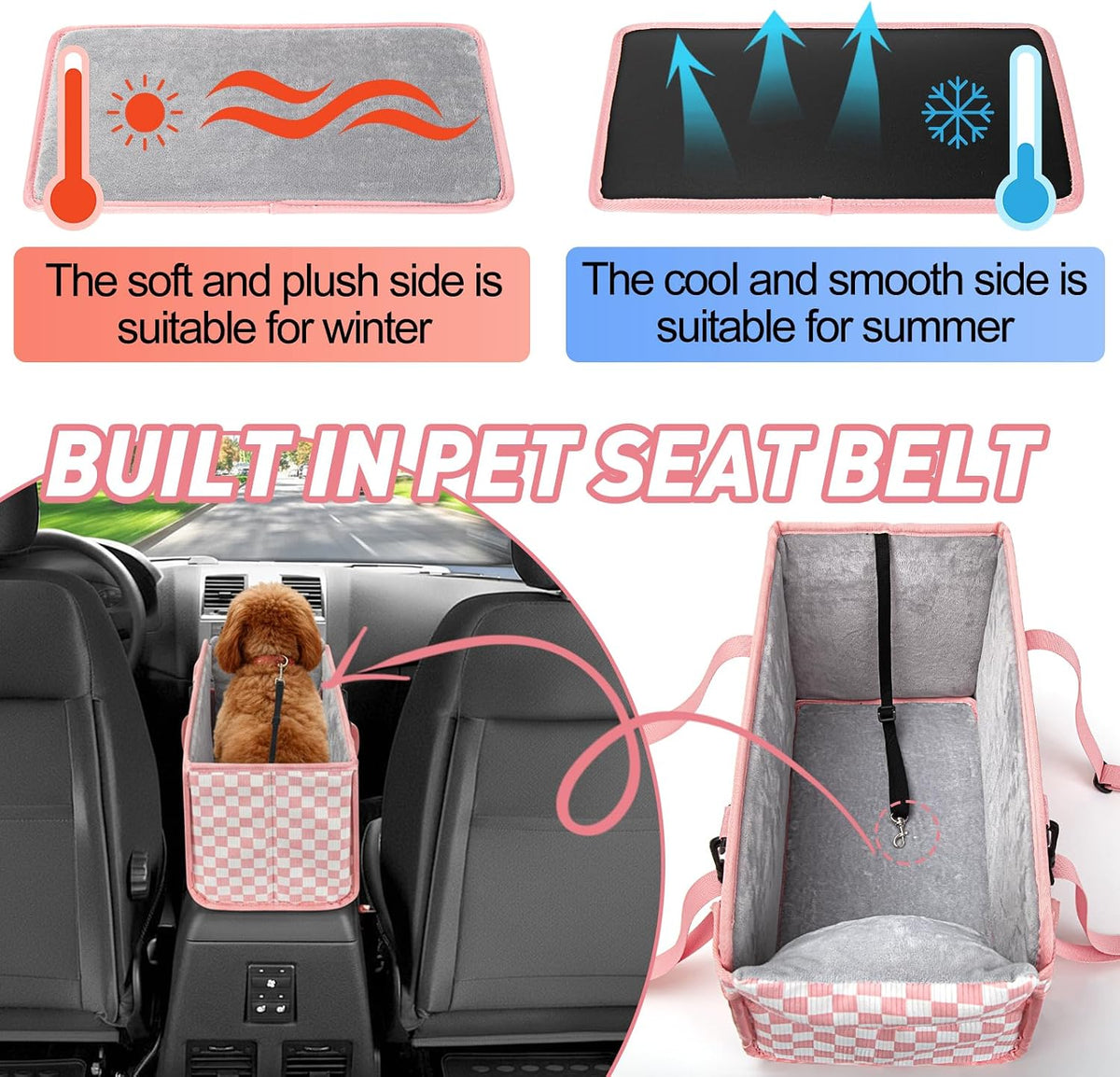Console Dog Car Seat for Small Dogs, Foldable Booster Seat, Pink Checkered