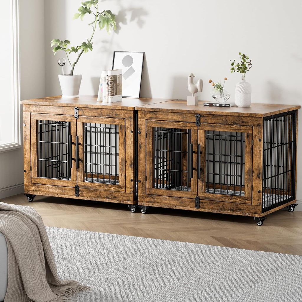 Medium Dog Crate Furniture, 32'' Heavy Duty Kennel w/Cushion & Wheels