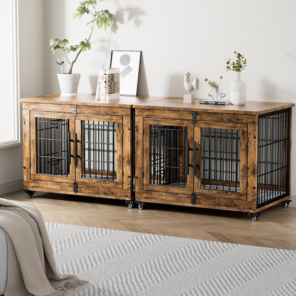 Medium Dog Crate Furniture, 32'' Heavy Duty Kennel w/Cushion & Wheels