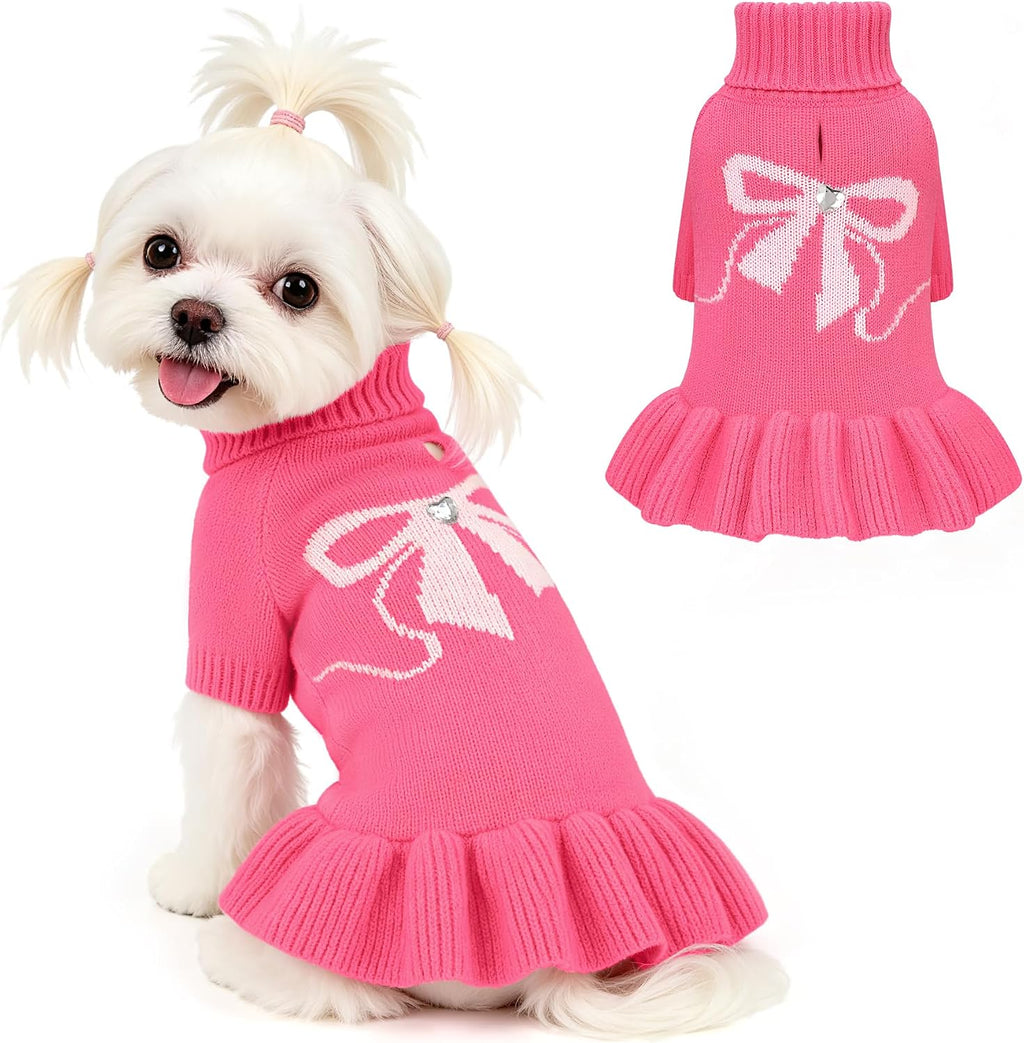 Bowknot Dog Sweater Dress for Small Dogs Girl, Stretchy Pet Clothes