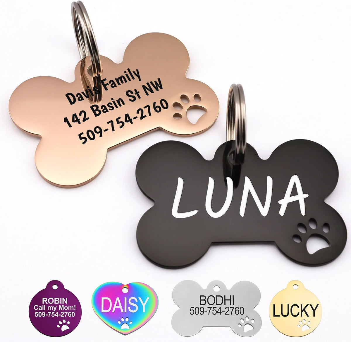 GoTags Personalized Steel Dog Tags - Engraved Bone Pet ID Tag with Paw
