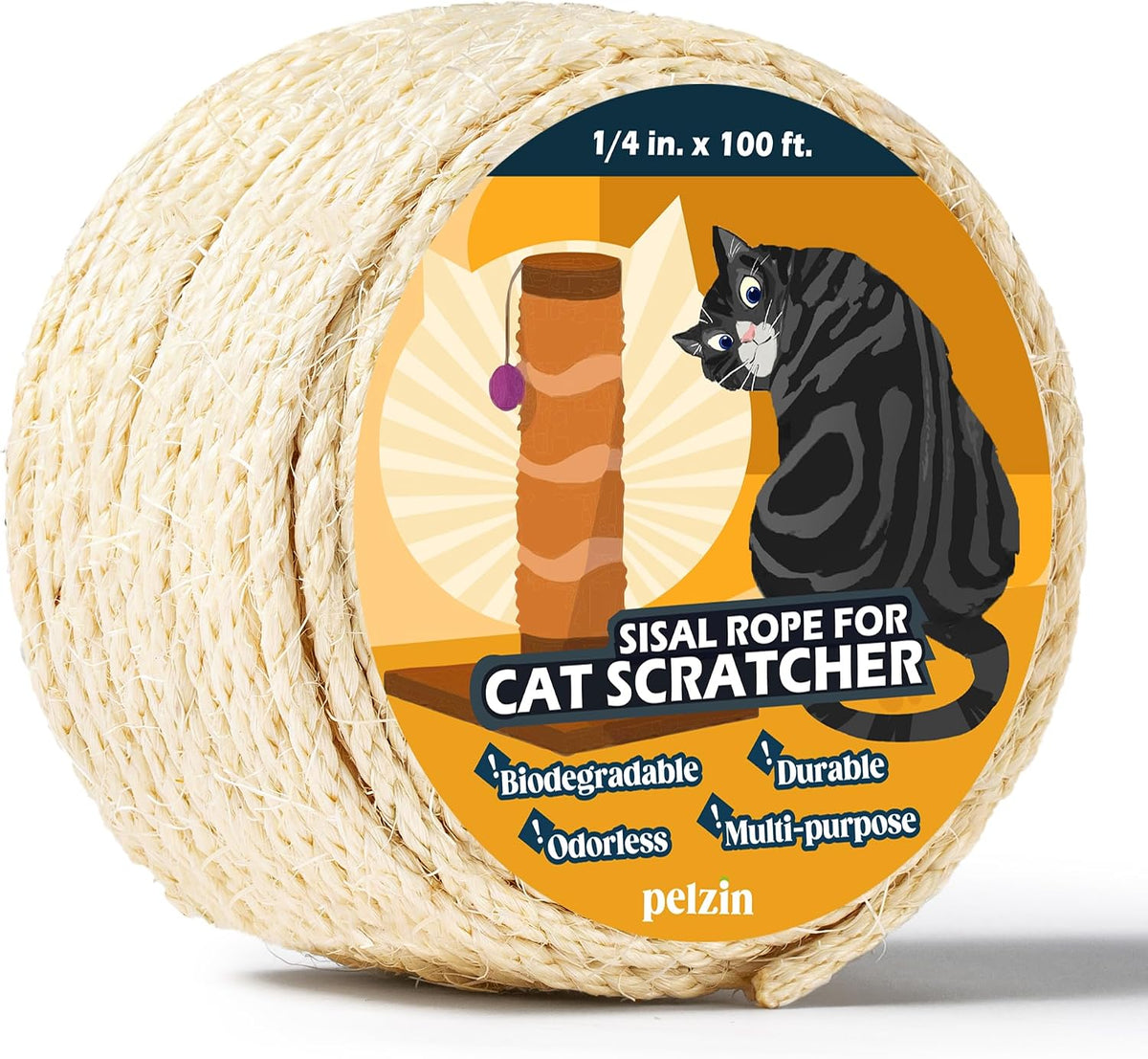 Natural Sisal Rope for Cat Scratcher and Scratching Post 1/4 Inch, 100 Feet