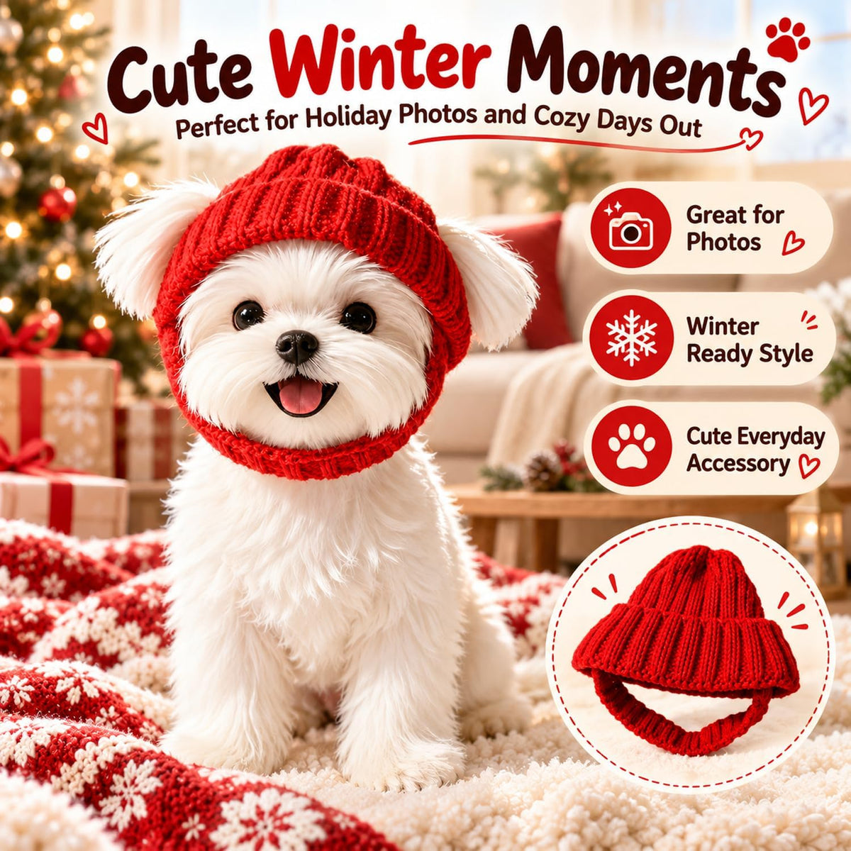 Dog Beanie Hat with Ear Holes, Purple Knitted Winter Cap for Small Pets