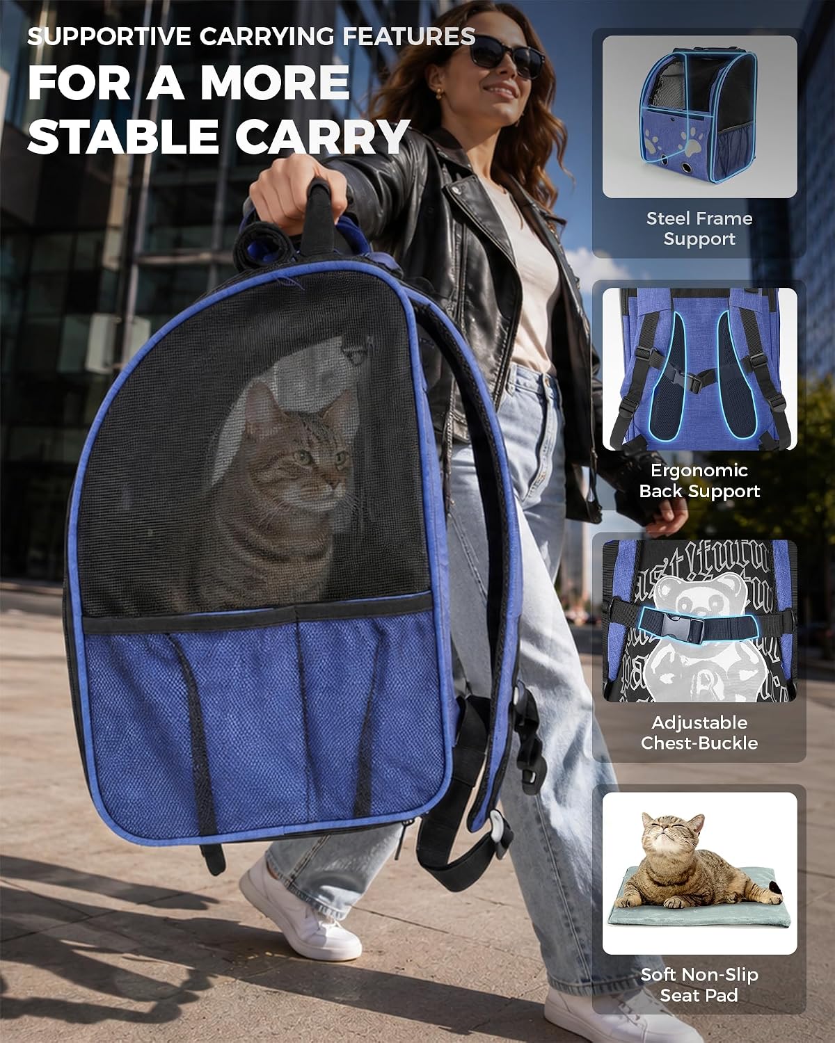 Hiking Backpack Carrier for Cats & Small Dogs, Travel Pet Carrier, Blue