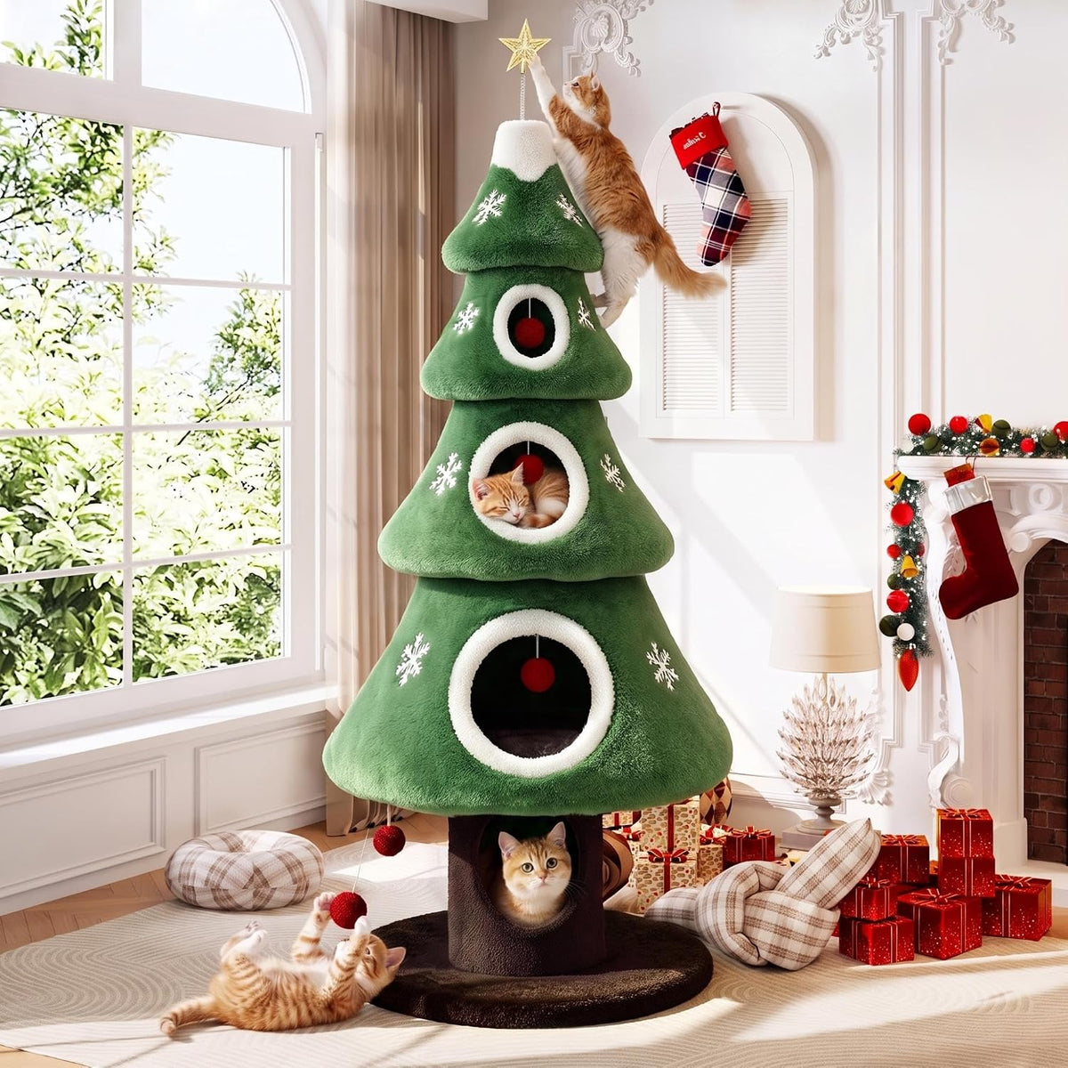 SHA CERLIN 76" Christmas Cat Tree Tower, Multi-Level Condo for Indoor Cats