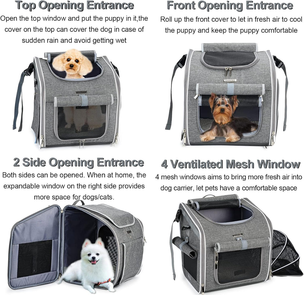 Dog Bike Basket, Expandable Soft-Sided Pet Carrier Backpack with 4 Open Doors, 4 Mesh Windows for Small Dog Cat Puppies 