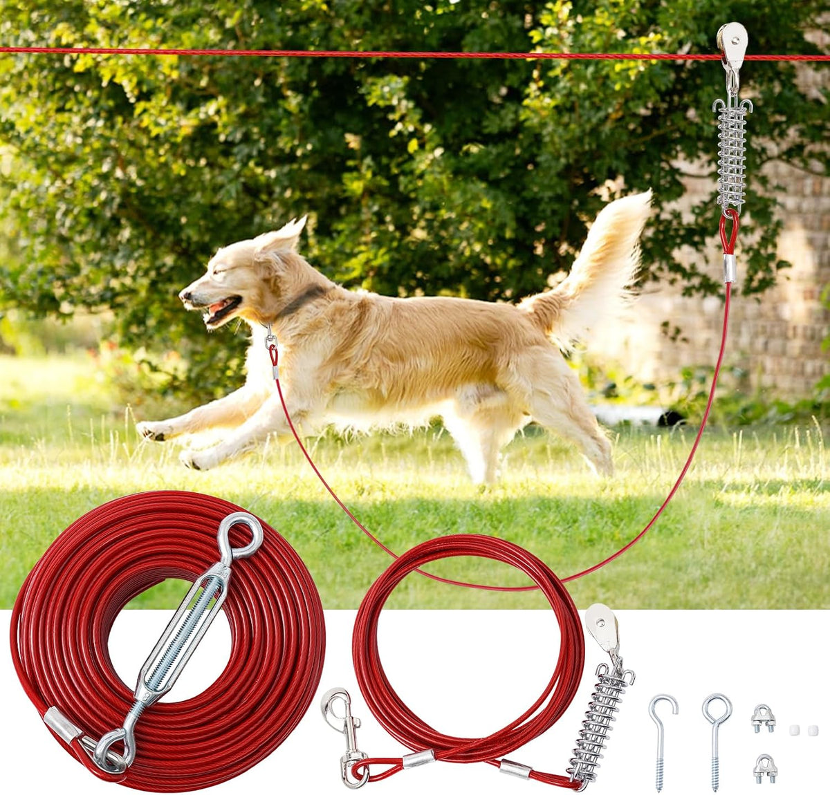 Dog Runner for Yard, Outdoor Dog Run, 100FT+15FT, Red