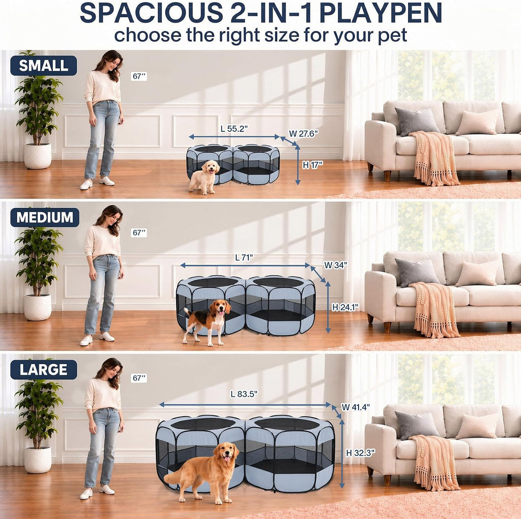2-in-1 XLarge Cat Playpen, Detachable into 2 Separate Playpens with Additional 2 Doors, Portable Dog Playpen Cat Tent En