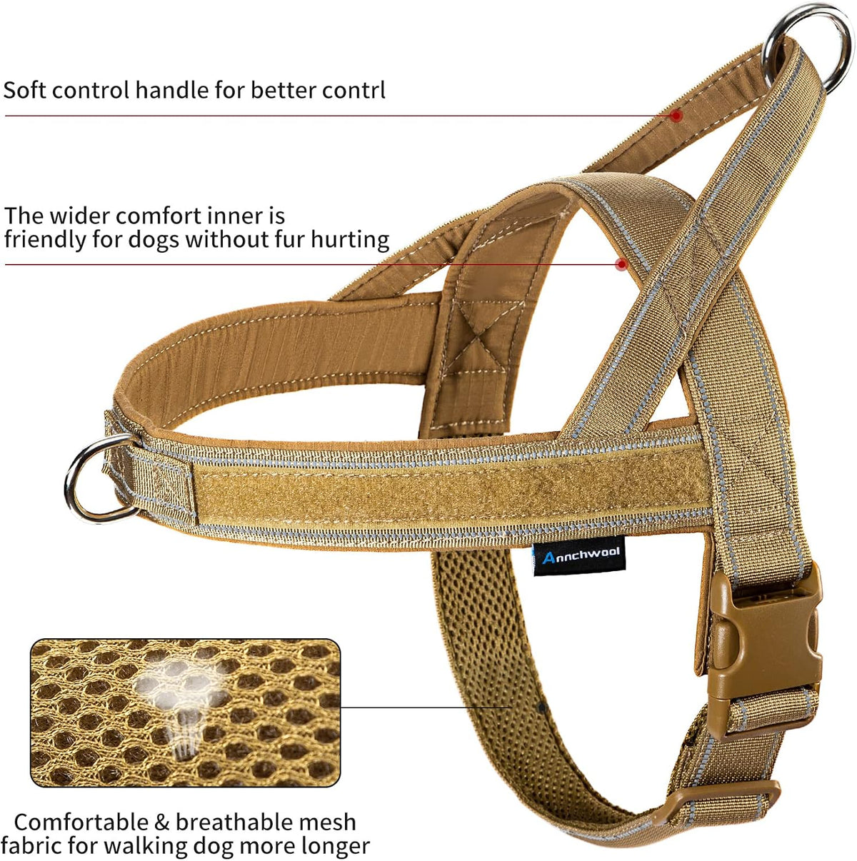 Annchwool No Pull Dog Harness with Soft Padded Handle & Front Clip(Brown,L)