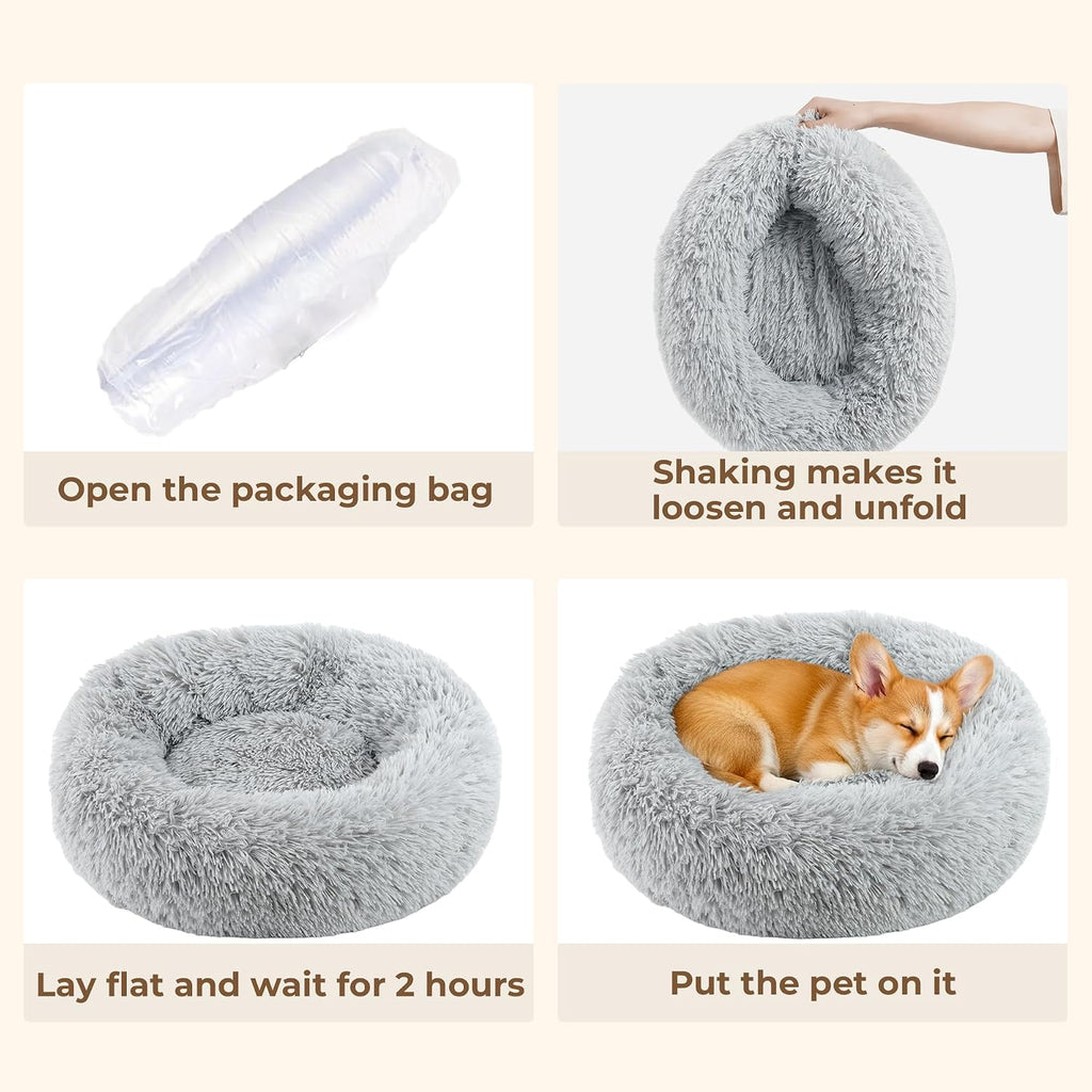 Calming Donut Dog and Cat Bed for Indoor Cats, Anti-Anxiety Round Fluffy Soft Washable Small Pet Bed for Puppy and Kitte