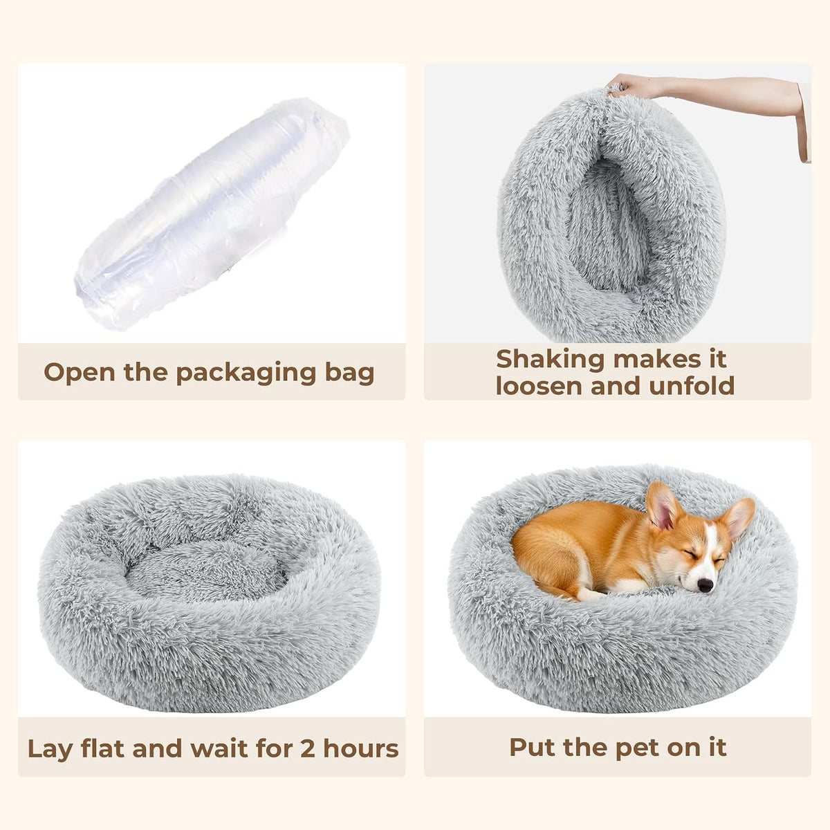 Calming Donut Dog and Cat Bed for Indoor Cats, Anti-Anxiety Round Fluffy Soft Washable Small Pet Bed for Puppy and Kitte