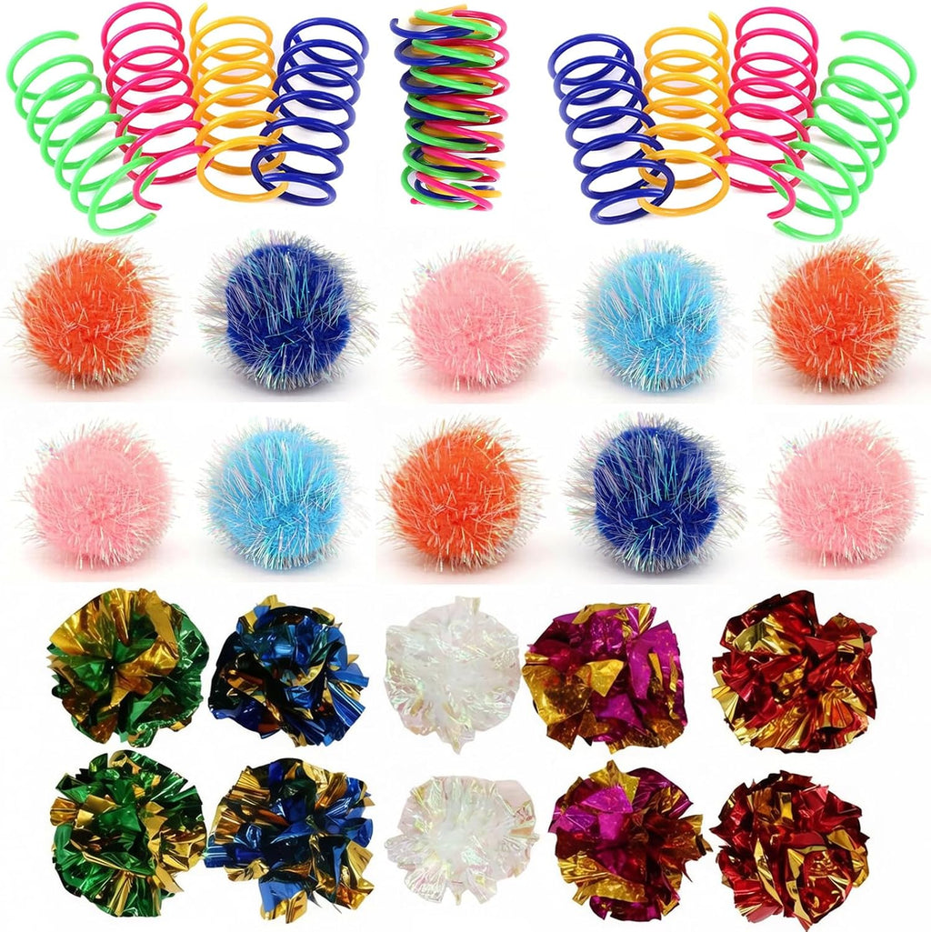 LASOCUHOO Cat Toys, 30 Packs Interactive Cat Toy Pack Including Cat Crinkle Balls, Cat Sparkle Balls, Spiral Springs for
