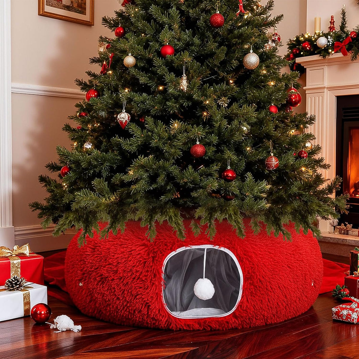 Christmas Tree Cat Tunnel 36in Donut Bed, Red, Velvet, Fluffy
