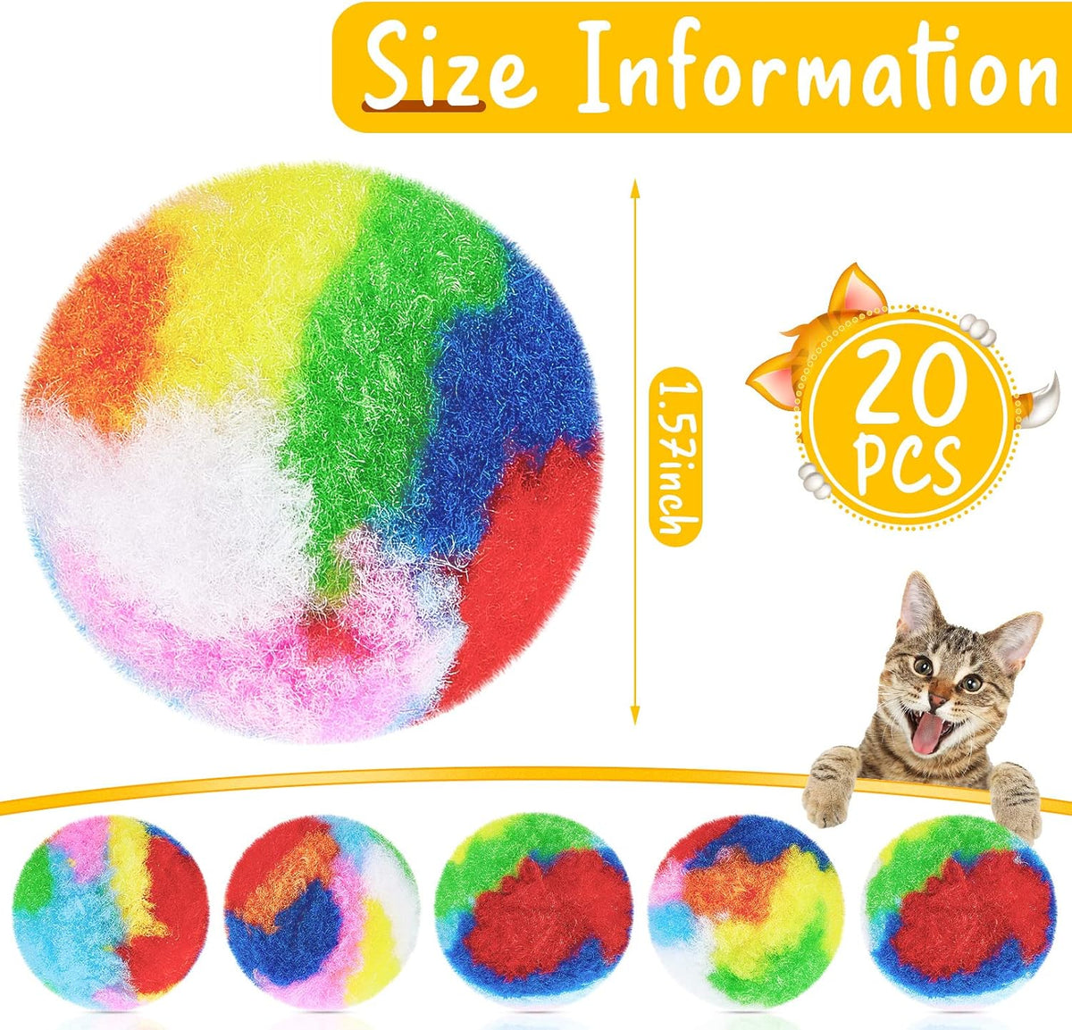 Deekin 20 Pcs Cat Ball Toy 1.6 Inch Fuzzy Pom Pom Balls for Kittens Cats