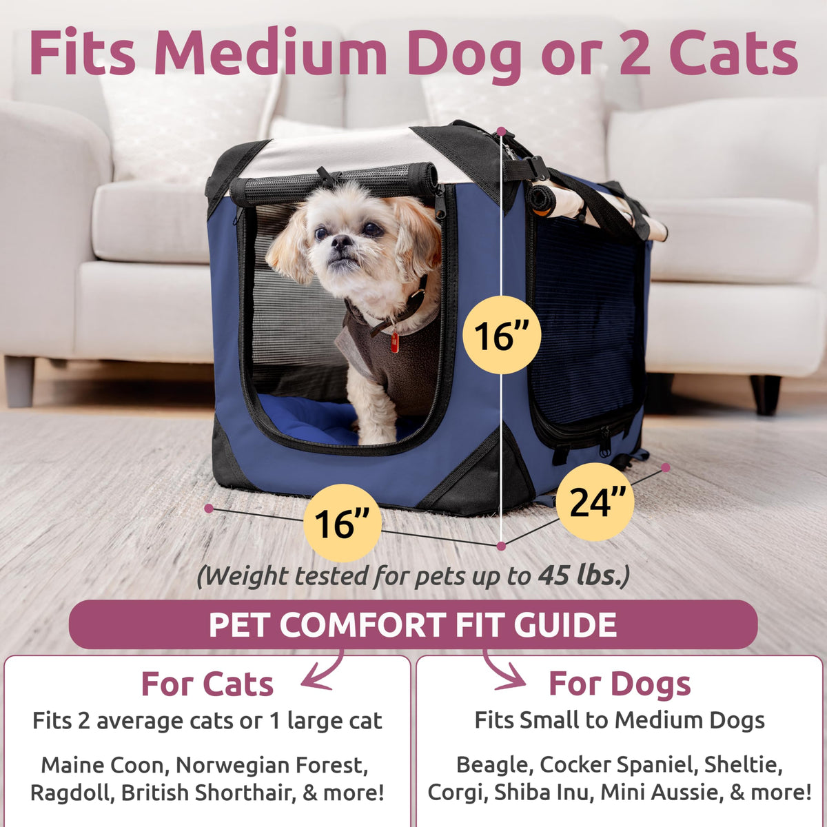 Cat & Dog Pet Carrier, Fits 2 Cats or Medium Dog Comfortably, Large, Navy