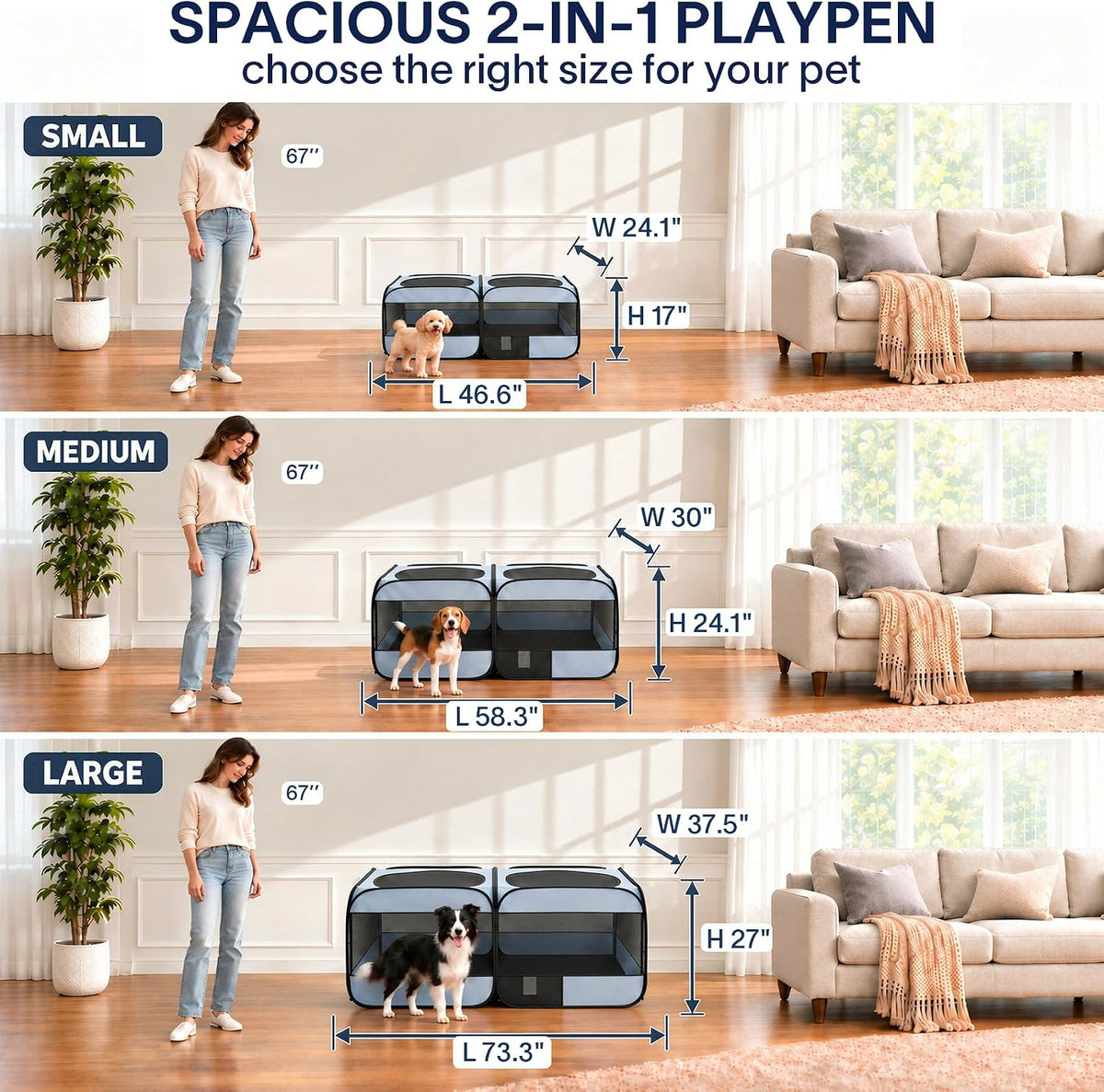 2-in-1 Dog Playpen, 58''Pop Up Cat Puppy Pet Playpen Indoor/Outdoor Cats Enclosed, Cat Dog Tent Crate Cage Kennel, Porta