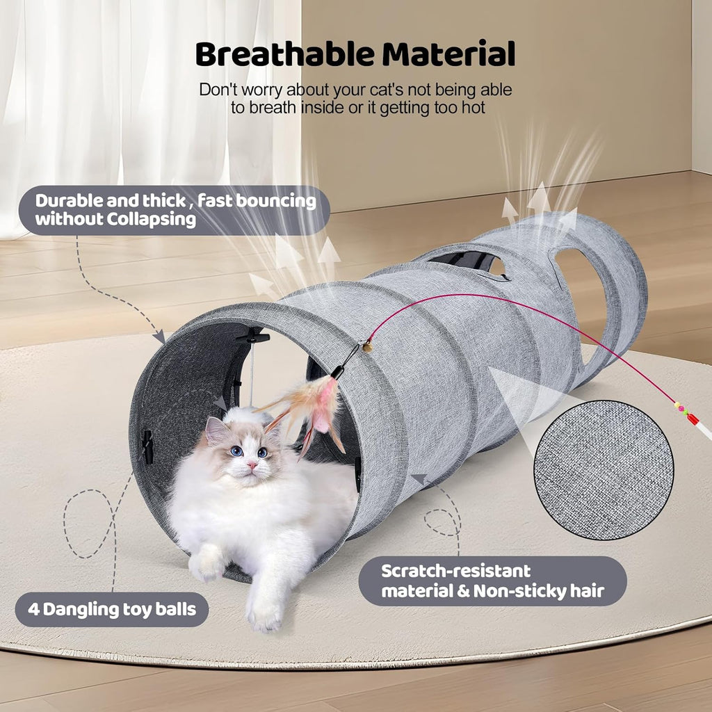 Cat Tunnel, 3 Straight Shaped Tunnels 6 DIY Shapes with Wand Toys, No Noise Scratch Resistant Cool Linen Fabric, Interac