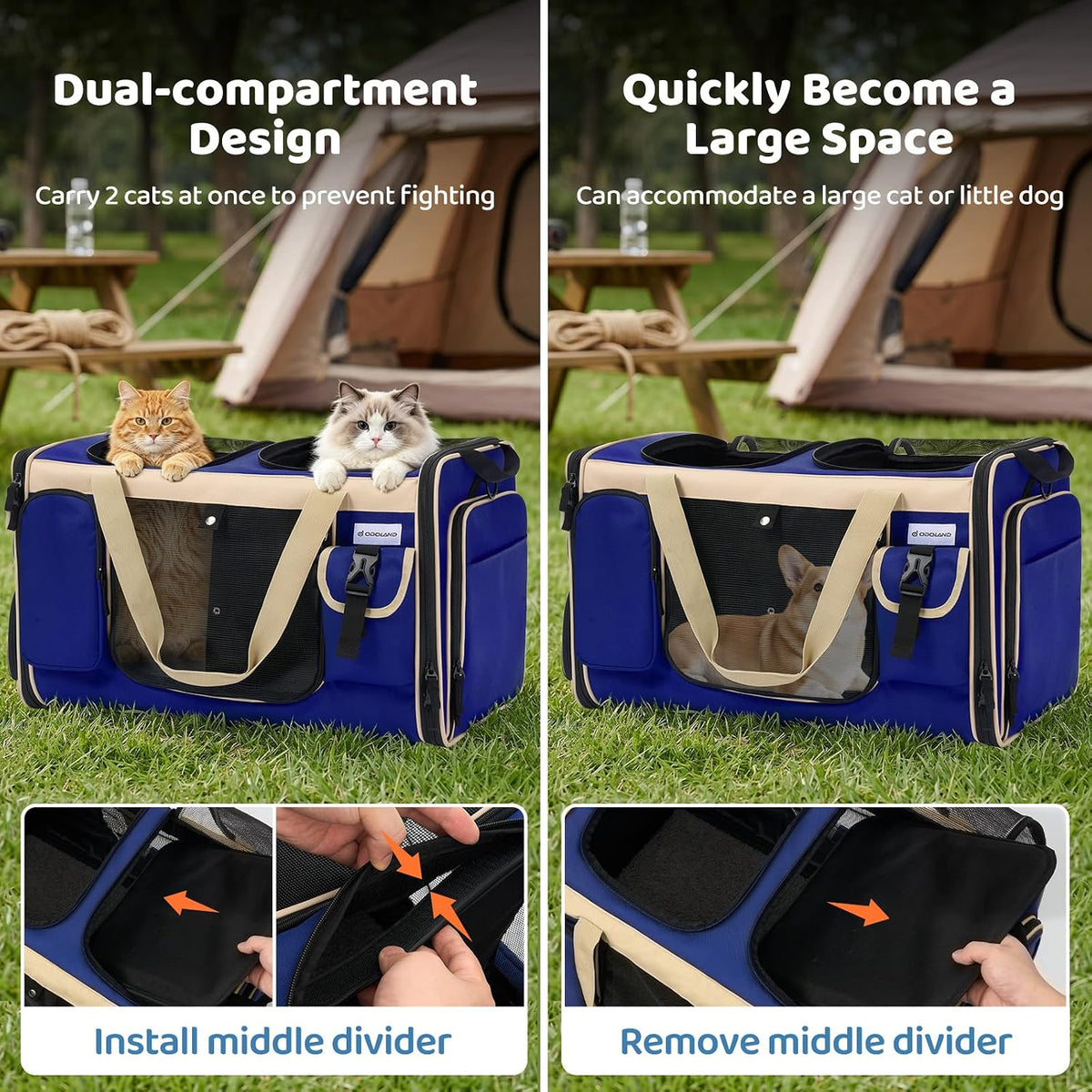 Odoland Expandable Cat Carrier for 2 Cats with Litter Box, Large Soft Sided