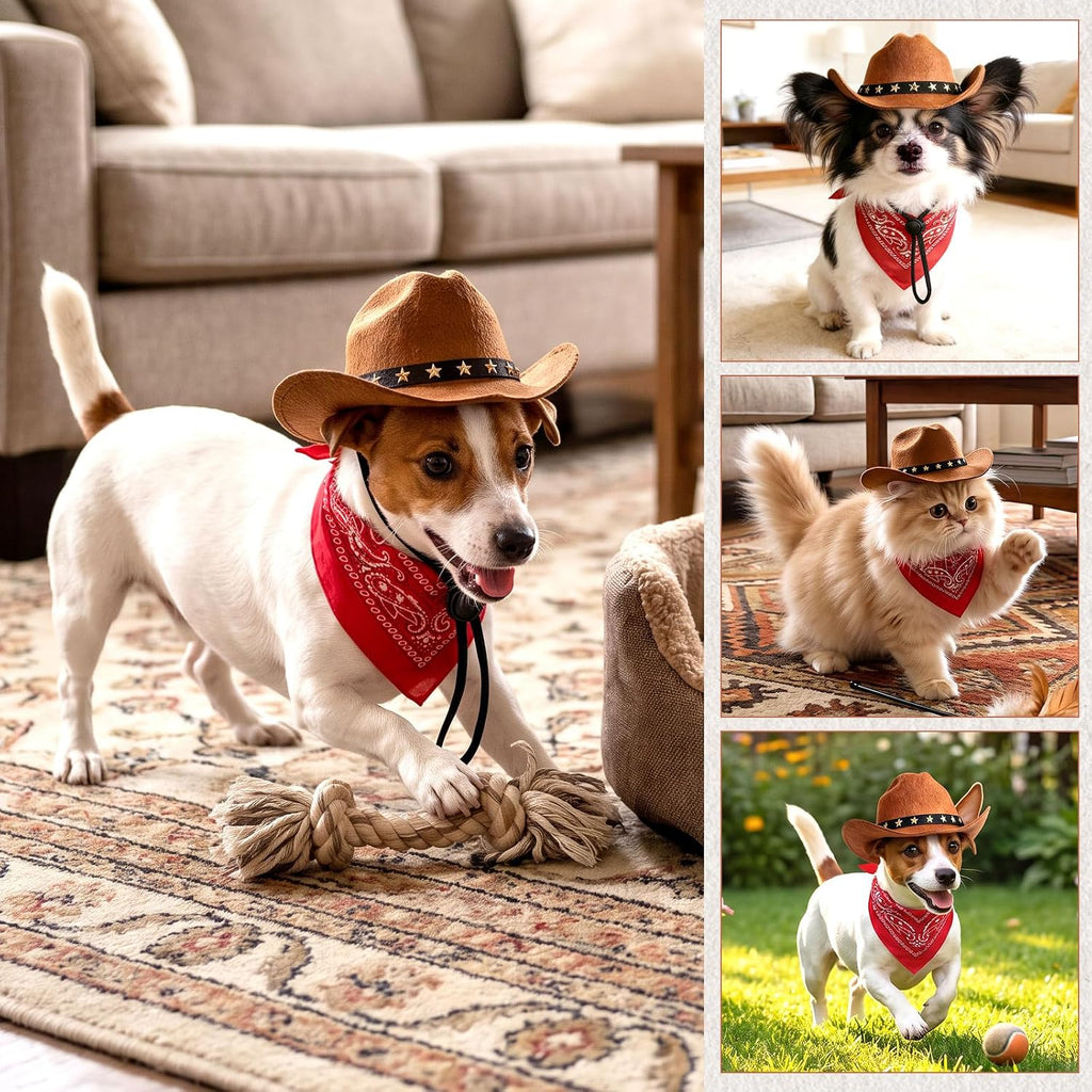 Pet Cowboy Costume, Dog Cowboy Hat with Bandana Scarf, Adjustable Cat Cowboy Hat for Party Cosplay Christmas, Halloween 