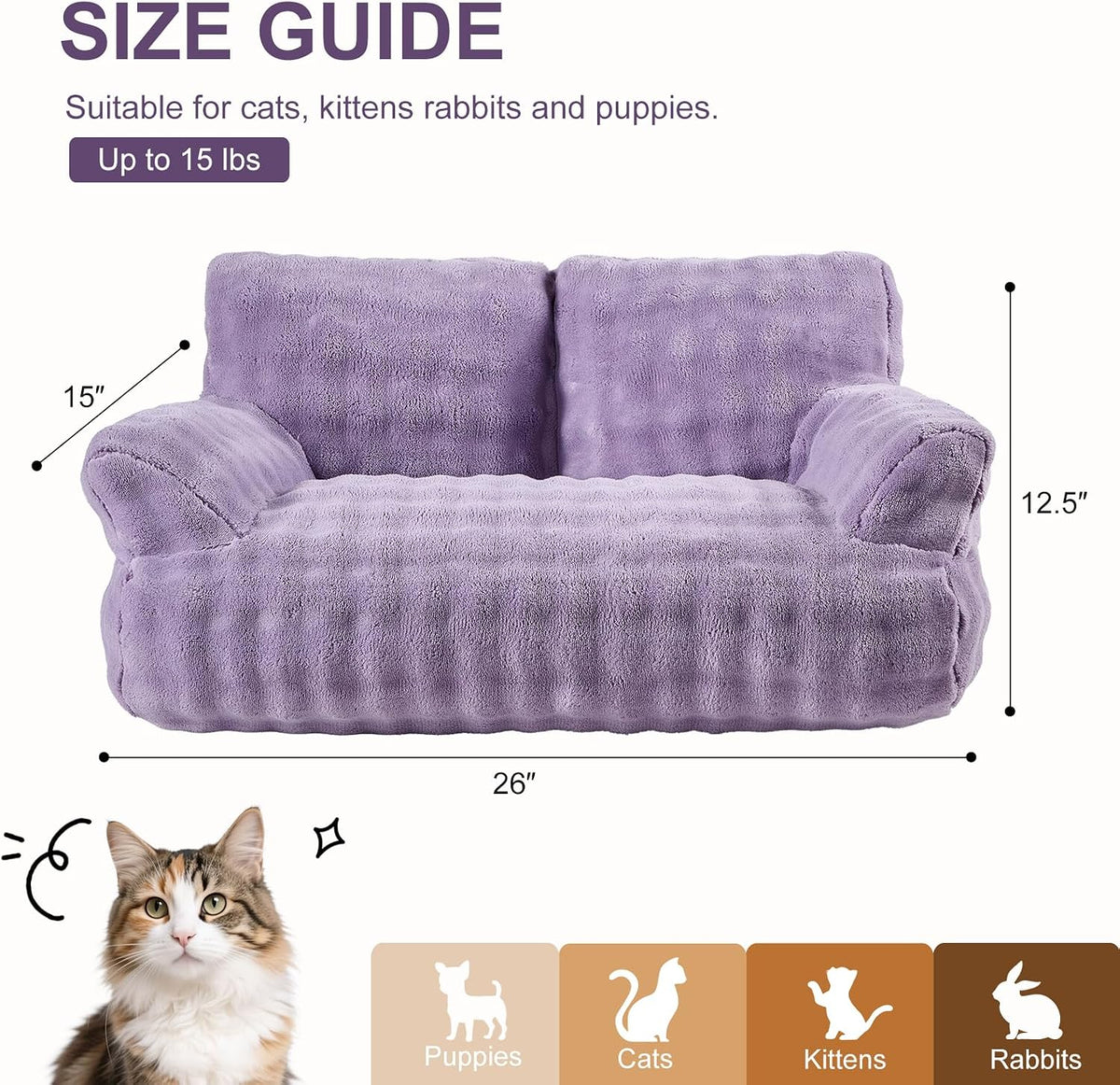 Cat Couch Bed, Cute Pet Sofa for Indoor Cats, 26"x15", Dusty Purple