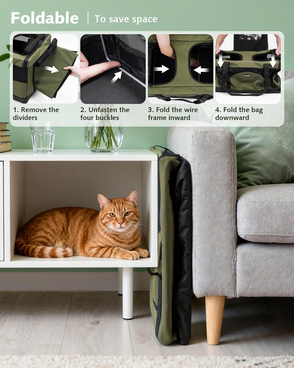Pecute Large Cat Carrier, Soft Double Pet Crate for 2 Cats Travel, Green