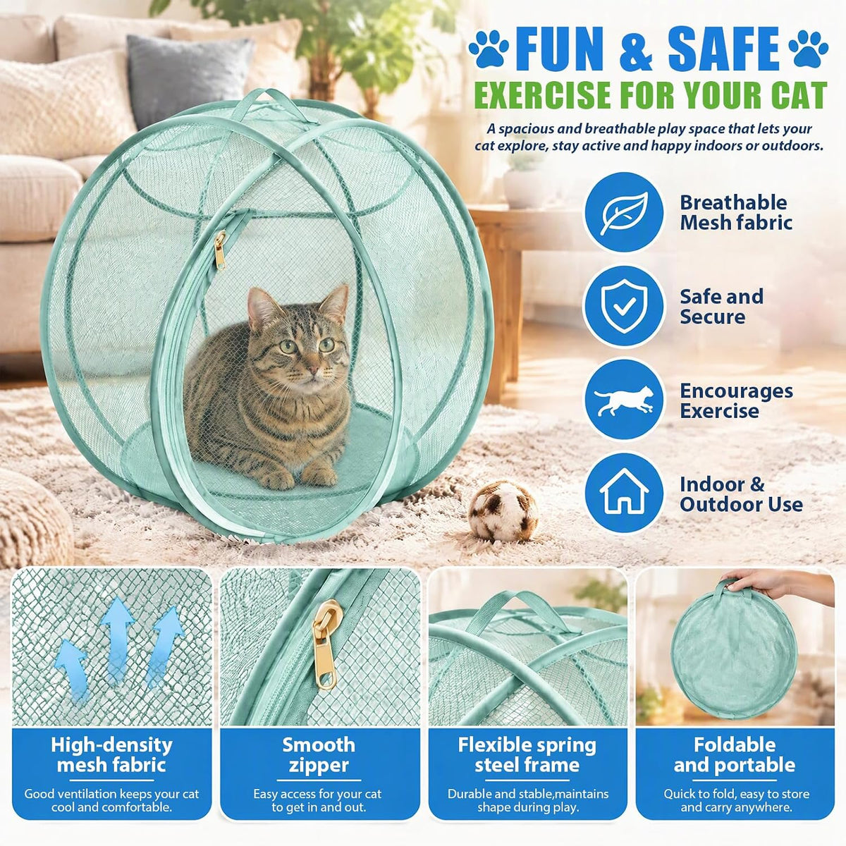 Rolling 360° Panoramic Cat Playpen Collapsible Breathable w/ Zipper