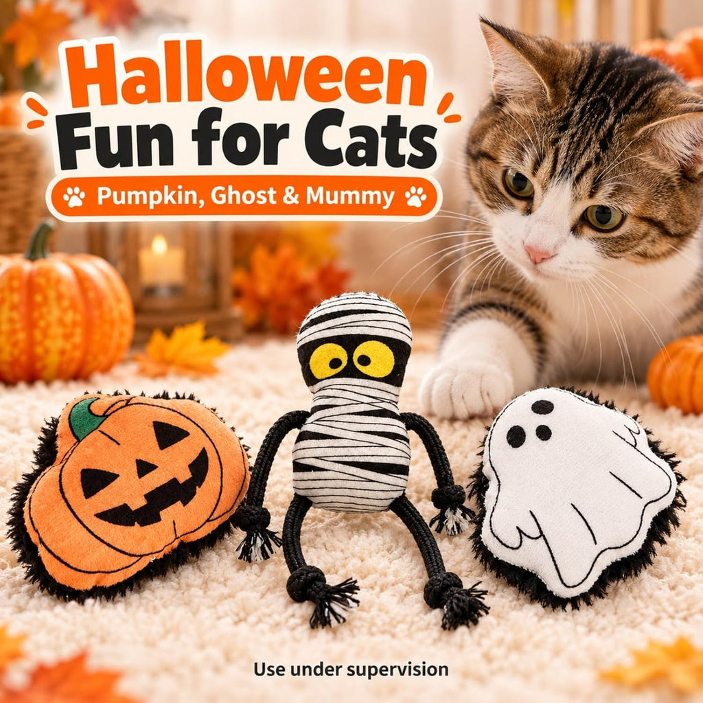 Catnip Cat Toys, Halloween Ghost Pumpkin and Mummy Plush Toys, 3 Pack