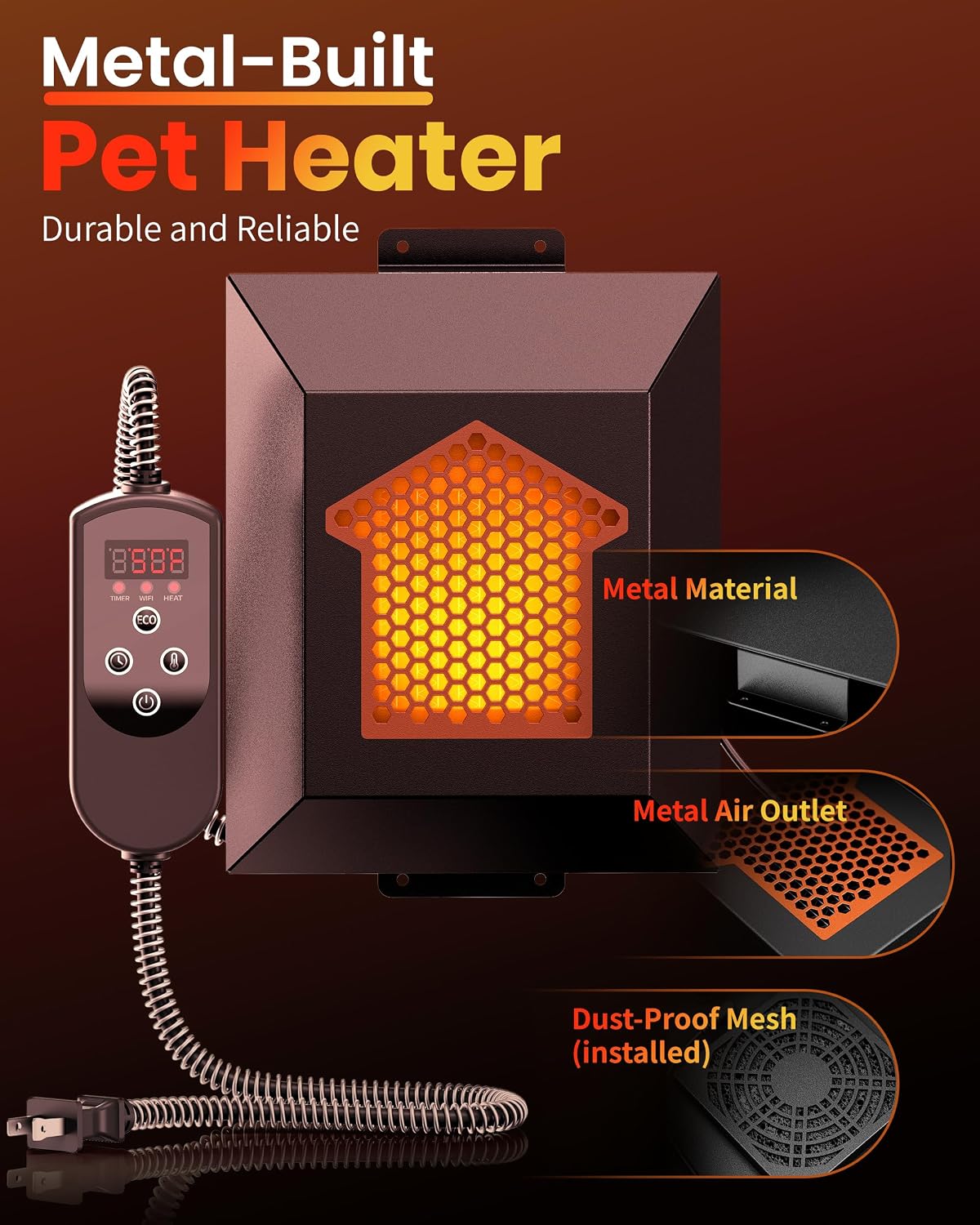600W Dog House Heater with Smart APP WIFI Remote, 40℉-115℉ Adjustable Temp