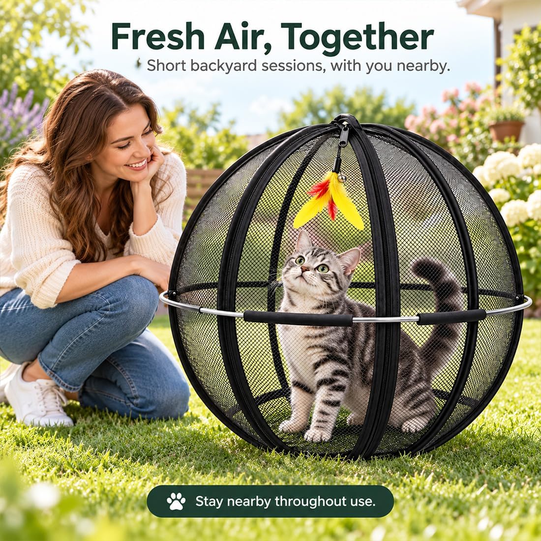 Rolling Cat Hamster Ball for Outside, Giant Mesh Cat Ball Cage Playpen，Blac