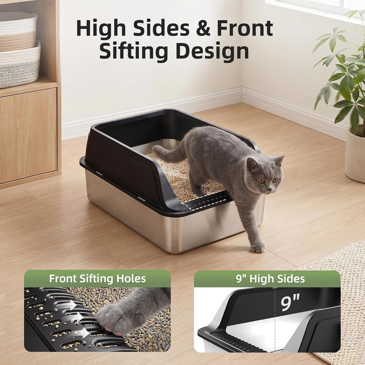 FURTIME Stainless Steel Litter Box with Lid, High Sided Metal Litter Box