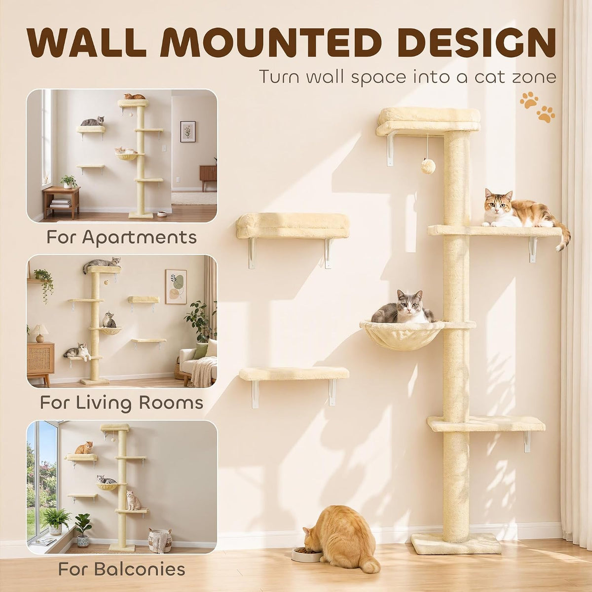 PawHut Cat Wall Shelves for Indoor Kittens Climbing Sleeping, Beige