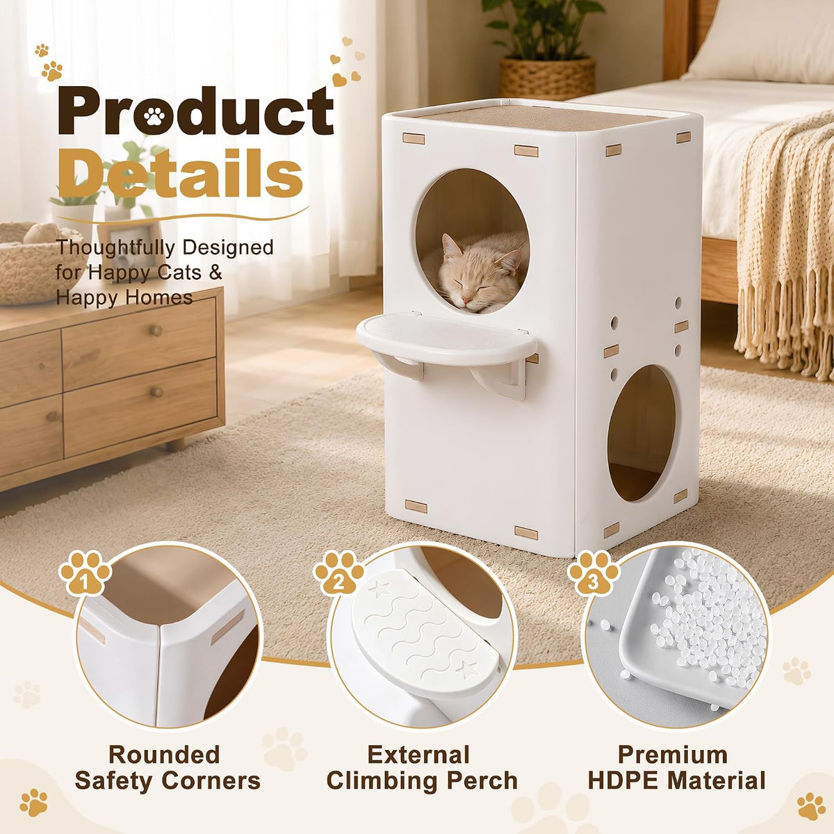 2-Storey Cat House Tower, Waterproof HDPE Plastic Cat Condo with External Jumping Platform & Dual Hideaway Caves, Easy t