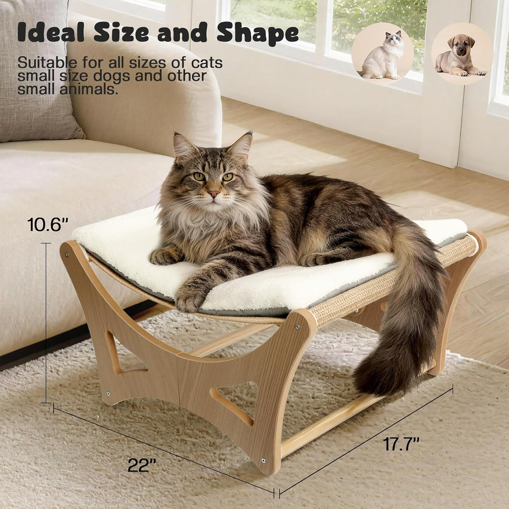 Cat Hammock Bed, Wooden Elevated Cat Beds with Natural Sisal Scratching Mat, Cats Scratcher Bed with Removable Soft Cush