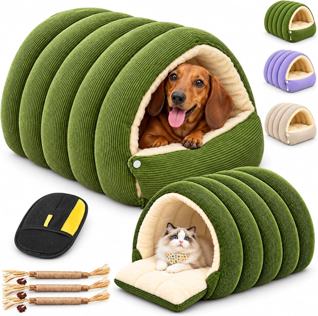 Upgrade Dog Cave Bed for Small Dogs and Cats, Covered Pet Bed with Plush Interior and Ribbed Exterior, Cozy Indoor Hidea