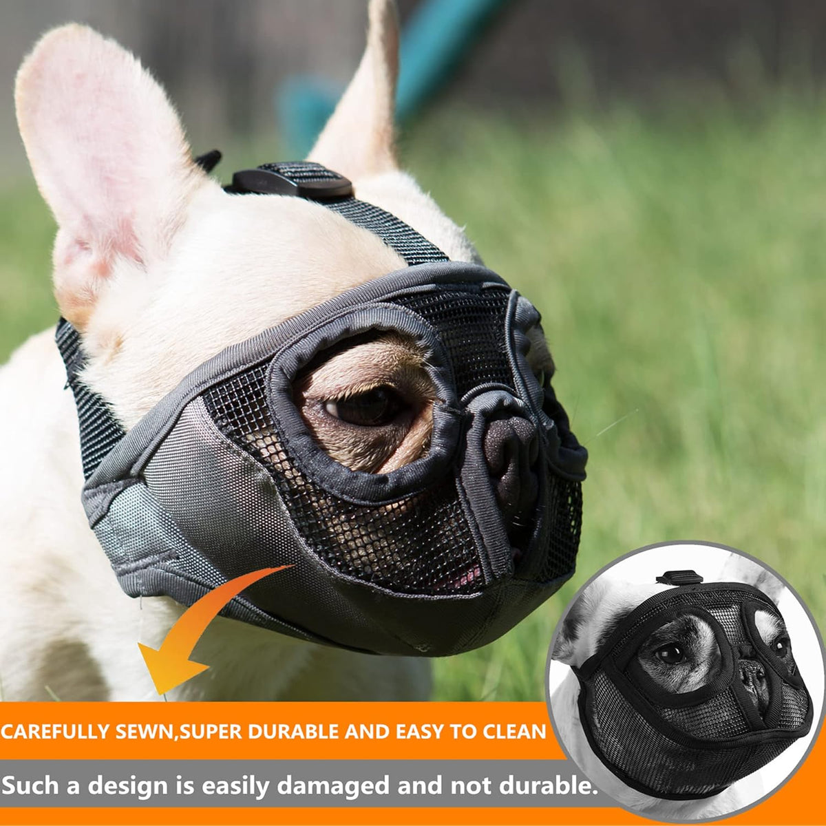 Short Snout Dog Muzzle- Adjustable Breathable Mesh Bulldog Muzzle for Biting Chewing Barking Training Grooming Dog Mask,