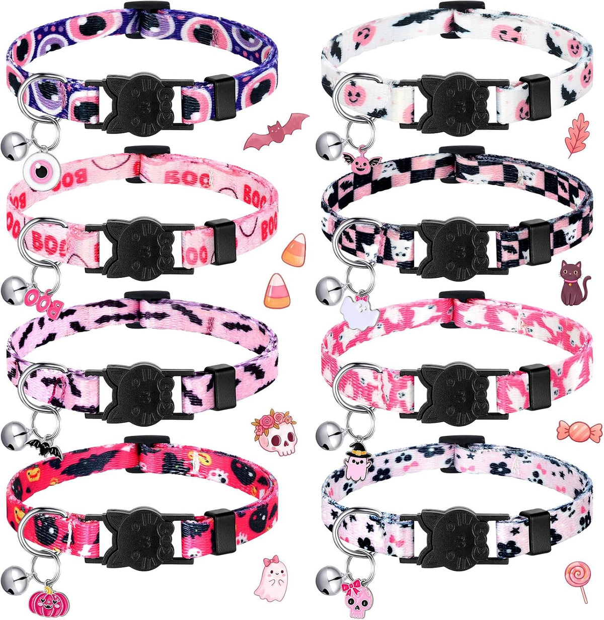 8 Pcs Halloween Cat Collars Breakaway with Bell, Adjustable Buckle