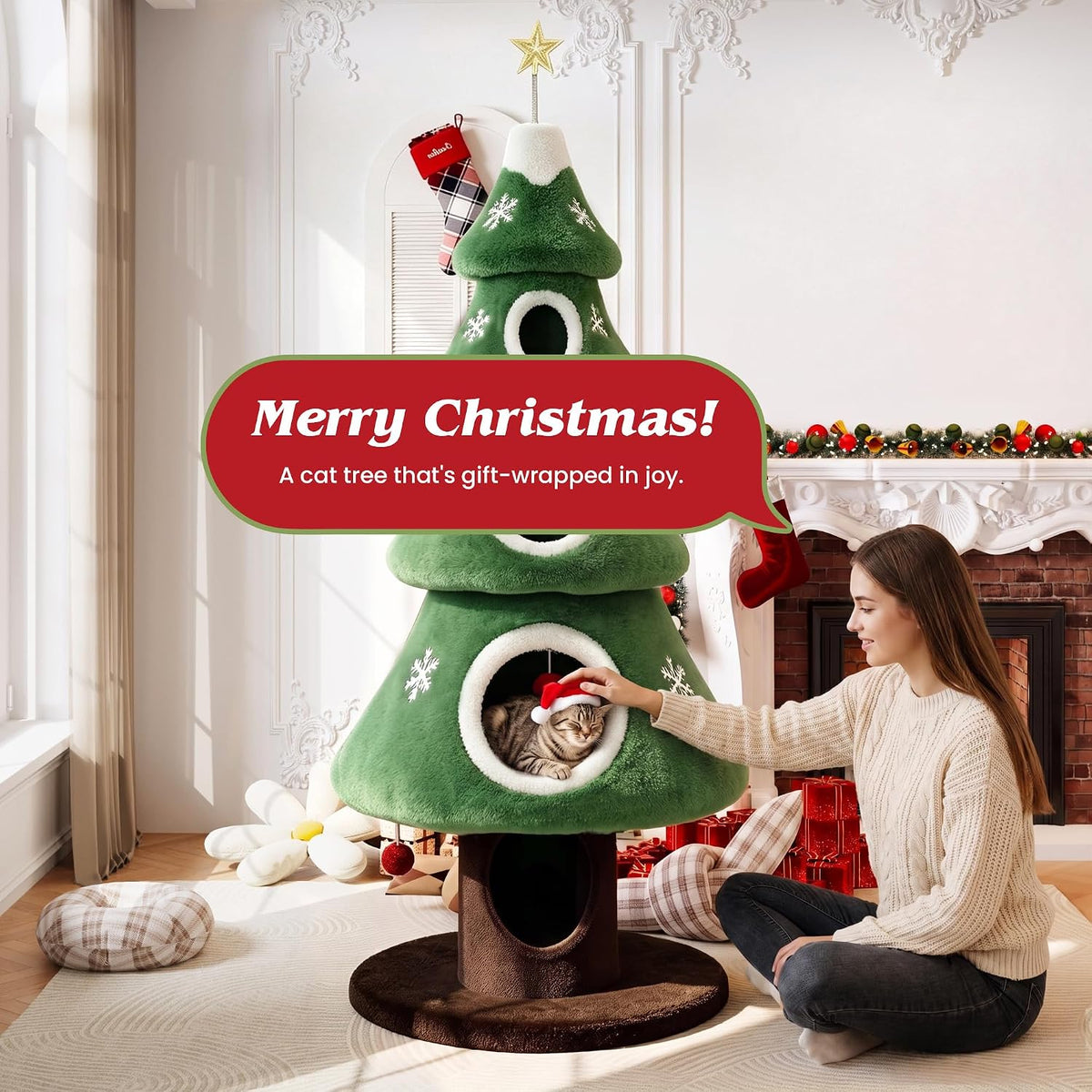 SHA CERLIN 76" Christmas Cat Tree Tower, Multi-Level Condo for Indoor Cats